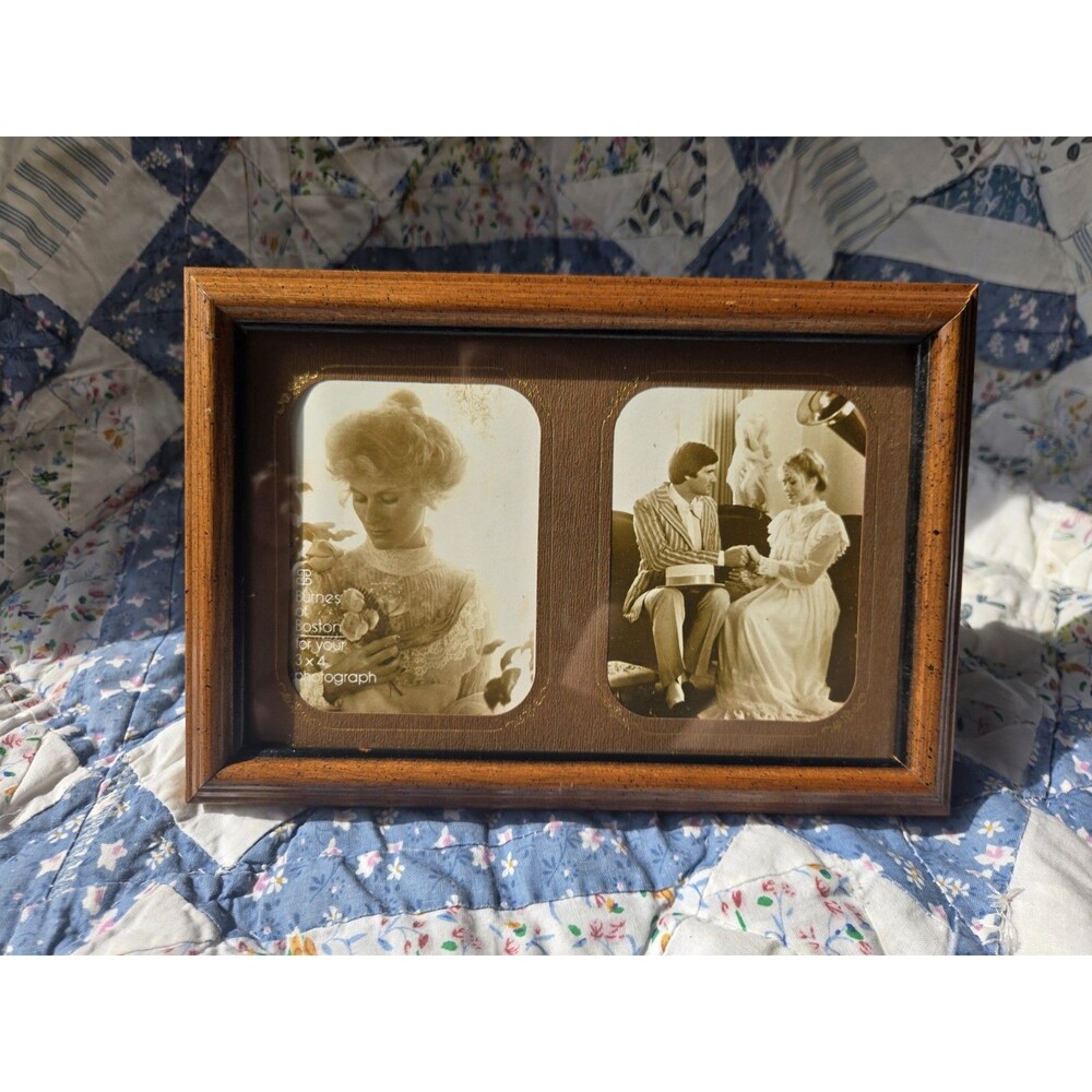 Vintage Burnes of Boston Double Picture Frame Wood Dual 3x4 Photo Brown Mat Vtg